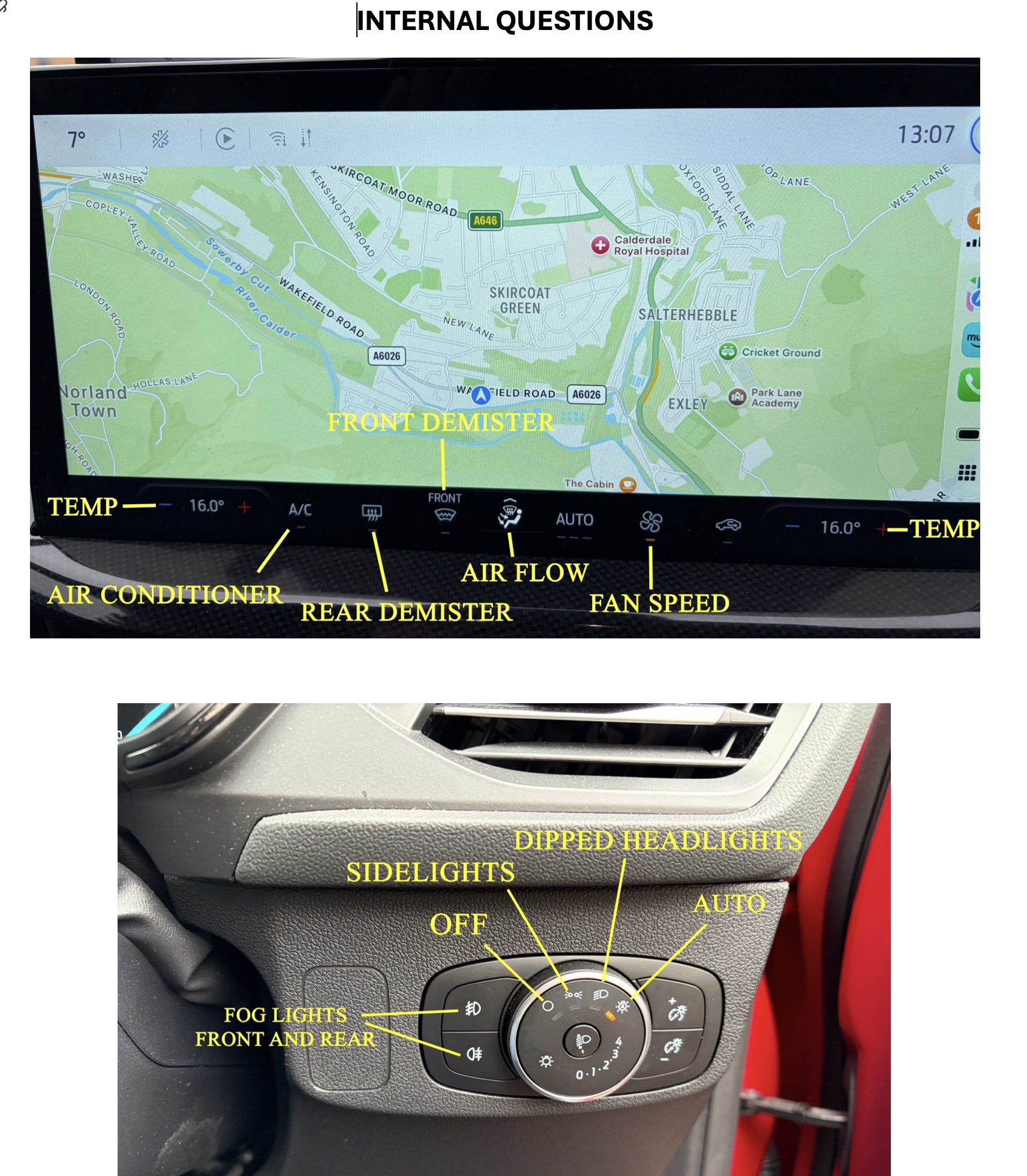 RPT Driver Training lesson car dashboard labelled with front and rear demisters, air conditioning, fan speed, temperature and headlight controls
