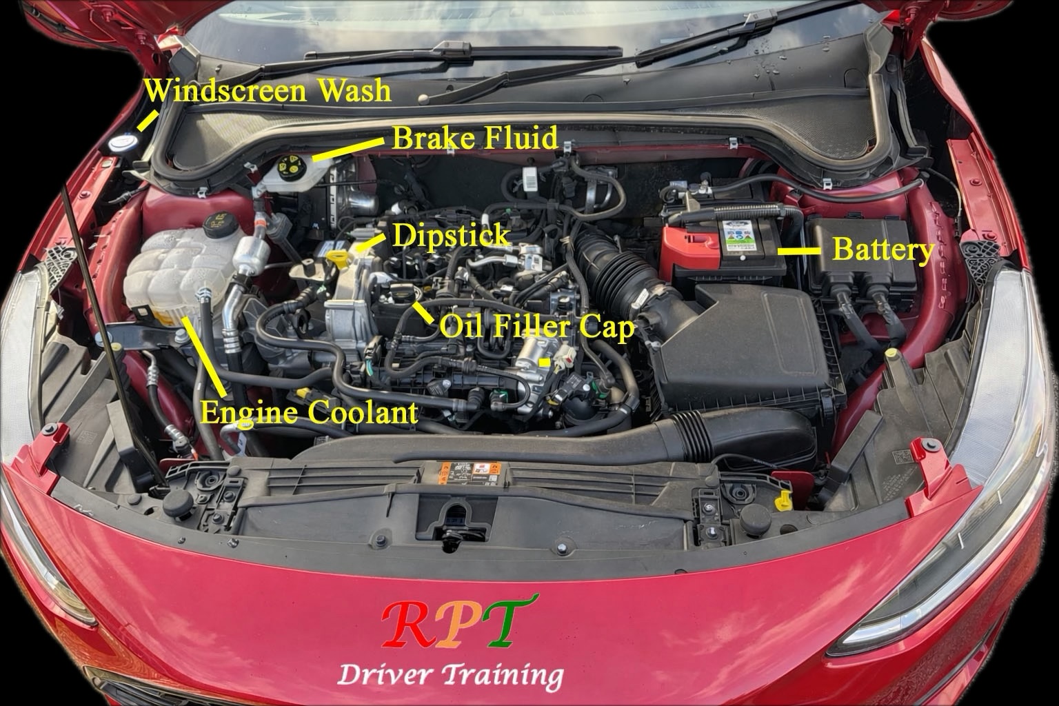 RPT Driver Training car engine bay labelled with the windscreen wash, brake-fluid reservoir, oil dipstick, oil filler cap and engine coolant reservoir